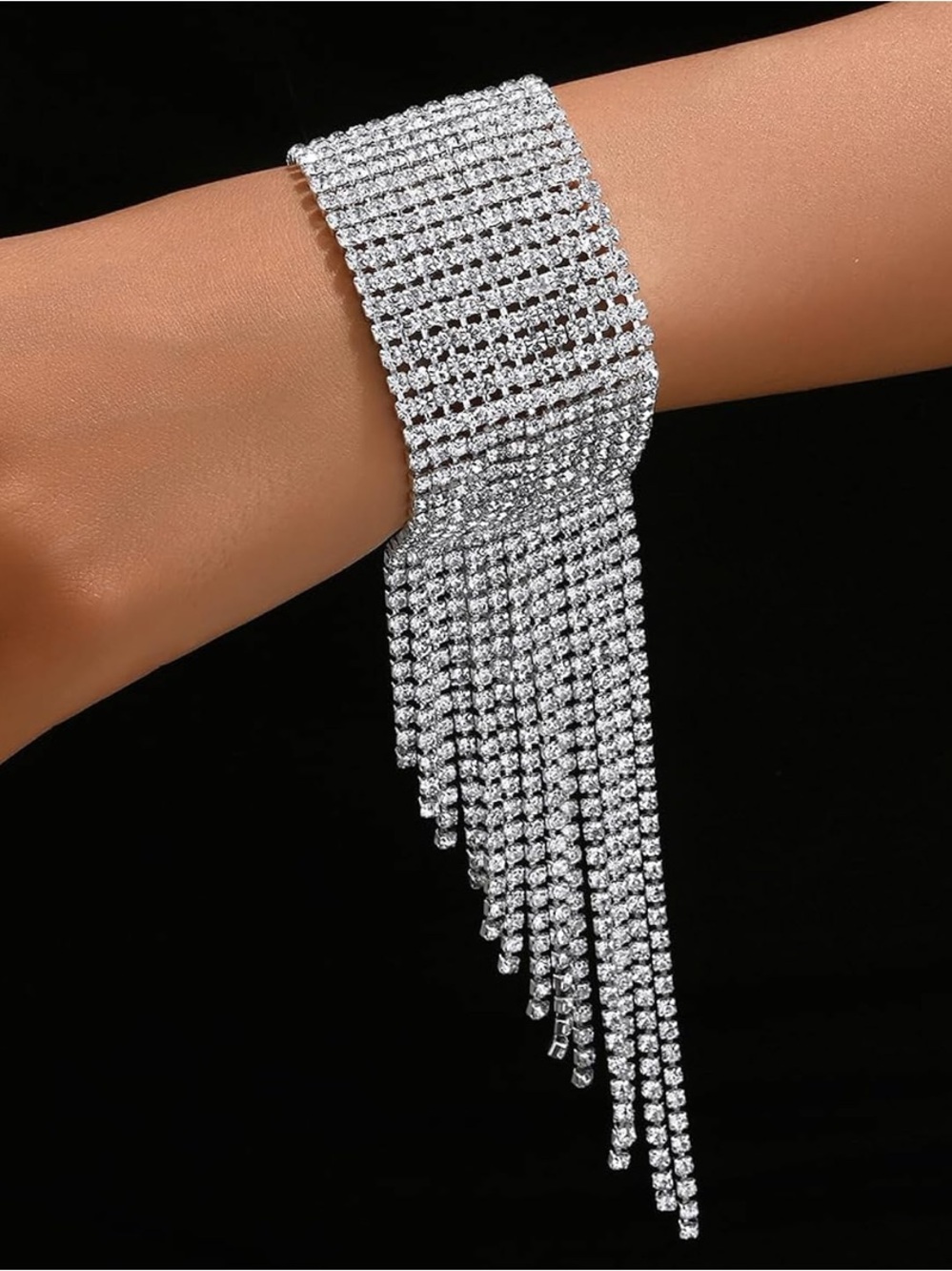 Luxury Crystal Rhinestone Cuff Bracelet Cascading Fringe Silver Jewelry